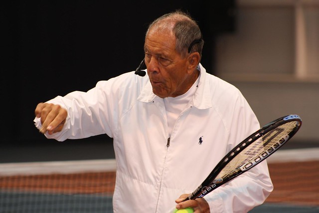 Nick Bollettieri speaks to a group of students at the David Lloyd Tennis