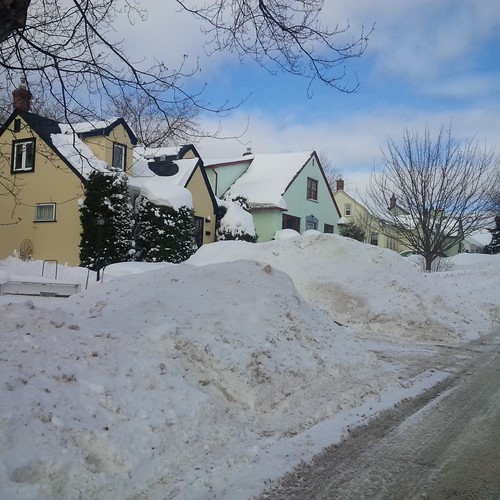 Snow-covered yards and a freshly-plowed street back home