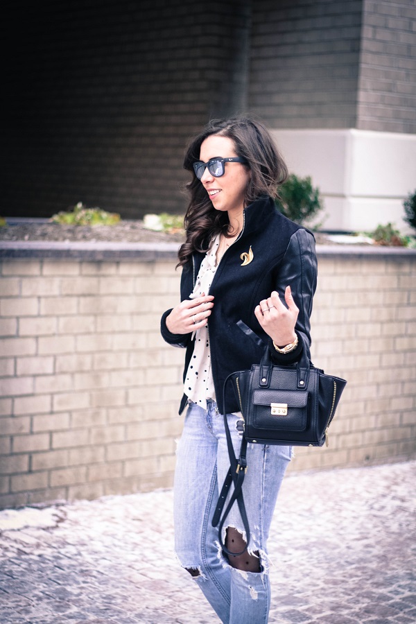 va darling. dc fashion blogger. virginia fashion blogger. faux leather sleeve bomber jacket. destroyed denim. polka dot tights. reflective ray-ban sunglasses. cold casual outfit. 3