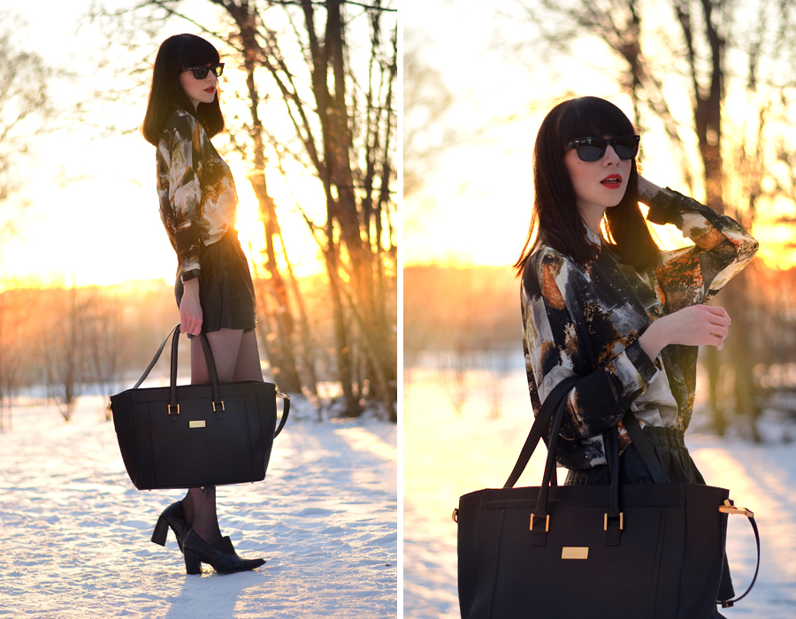 Fabros bag Mango shirt Zara shorts Topshop boots snow sunset CATS & DOGS fashion blog Berlin 2