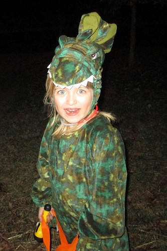 Catie the Dinosaur trick-or-treating
