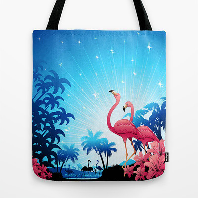 #Pink #Flamingos on #Blue #Tropical #Landscape #Tote #Bag by Bluedarkat by Bluedarkat Lem