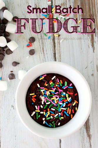 Small Batch Fudge in small bowl with rainbow sprinkles, chocolate chips and mini marshmallows.