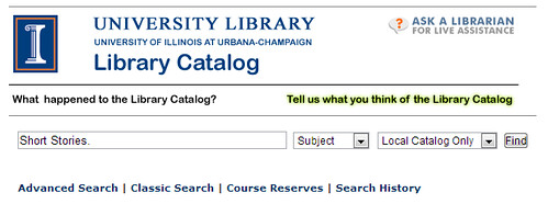 Enter Short Stories into the catalog search bar, and select 'Subject' from the drop-down menu next to it.
