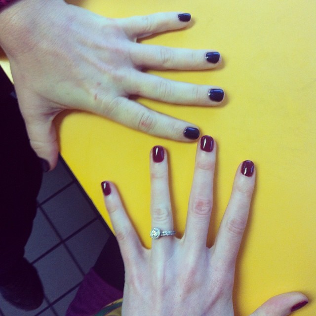 Corinne and I and our fresh gel manicures yesterday. I got berry, she got purple. Then we feasted on cheeseburgers. It was a good day! 