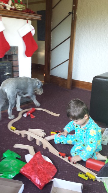 Eskil playing with trains