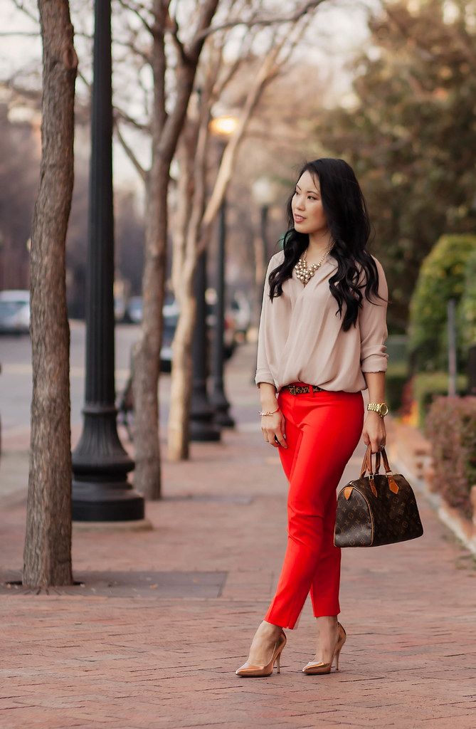 cute & little blog | red pants + neutral surplice drape top outfit