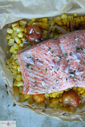 Parchment baked Salmon with corn and tomatoes