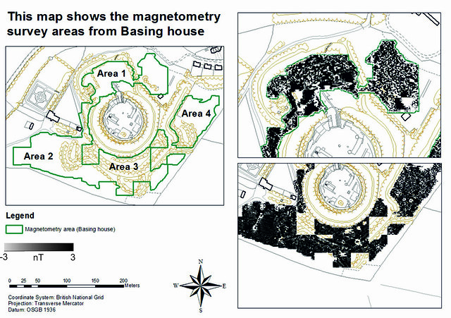 This map shows the magnetometry survey areas from Basing House. Figure by K. Strutt and C. Allen, 2013. 