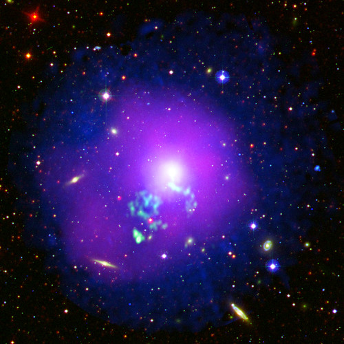 X-ray/radio/optical image of NGC 5044, a group of galaxies in which an infalling galaxy has set the group core ocsillating, transporting metals out into the intra-group gas