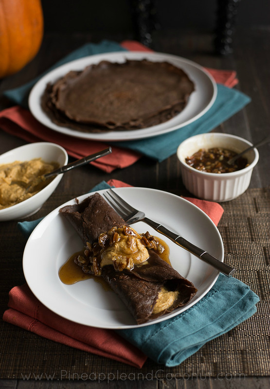 Chocolate Crepes with Spiced Pumpkin Butter and Maple Pecan Syrup www.PineappleandCoconut.com