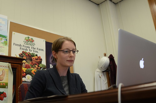 U.S. Department of Agriculture (USDA) National Coordinator for Local and Regional Food Systems Elanor Starmer leads a live Google+ Hangout to discuss the importance of a comprehensive Food, Farm and Jobs Bill to local and regional food systems at USDA on Thursday, Nov. 21, 2013. USDA photo by Thomas Witham. 
