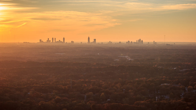 View of Downtown Atlanta Skyline at Sunset from Stone Mountain Summit