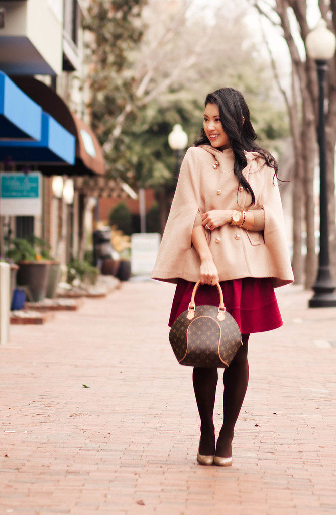 cute & little blog | sheinside cape, j. crew sweater, sheinside pleated wine flare skirt, bow belt, brown tights, louis vuitton ellipse | winter cold weather outfit