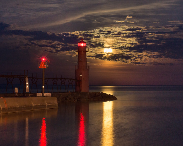 Full Moon, Lighthouse, Algoma, Wisconsin, Night, Lights, Clouds