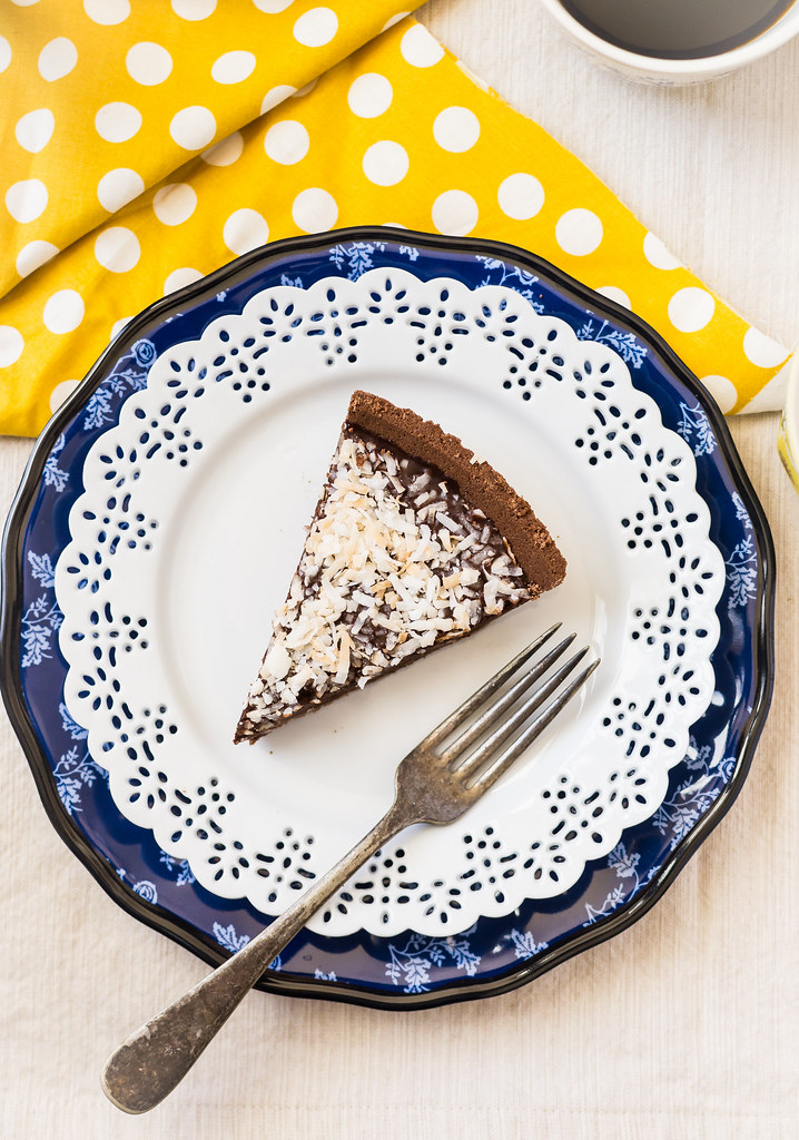 Chocolate Ganache Pie with Toasted Coconut with Slice Overhead Shot