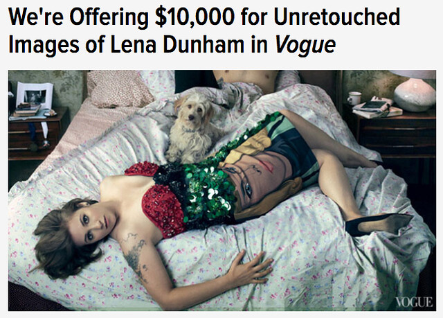 Lena Dunham lying on a bed in Vogue magazine
