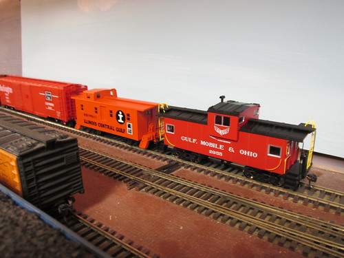 An early merger era Illinois Central Gulf freight train with two cabooses bringing up the rear circa 1972.  The Oak Park Society of Model Engineers,H.O Scale Model Railroad Club.  Oak Park Illinois.  June 2013. by Eddie from Chicago