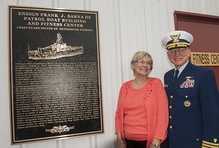 Coast Guard Adm. Bob Papp, commandant of the Coast Guard, is shown with Patricia Sarna, mother of Ens. Frank J. Sarna, during the Frank J. Sarna Patrol Boat Support Building and Fitness Center dedication ceremony at Sector St. Petersburg, Monday, Jan. 27, 2014. The building dedication was in honor of Sarna, an officer assigned to the Coast Guard Cutter Blackthorn at the time of the cutter's sinking January 1980. (U.S. Coast Guard photo by Petty Officer 2nd Class Michael De Nyse)