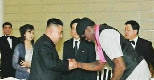 Retired NBA basketball player Dennis Rodman greets Democratic People's Republic of Korea leader Kim Jong-un in Pyongyang in early January 2014. by Pan-African News Wire File Photos