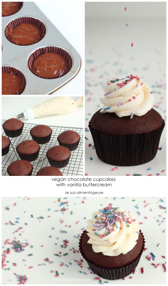 Fluffy, dark, vegan chocolate cupcakes with vanilla buttercream | Je suis alimentageuse | #vegan #chocolate #cupcakes