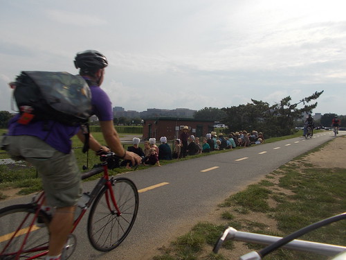 Bike Commuter Passing Line of Mennonites