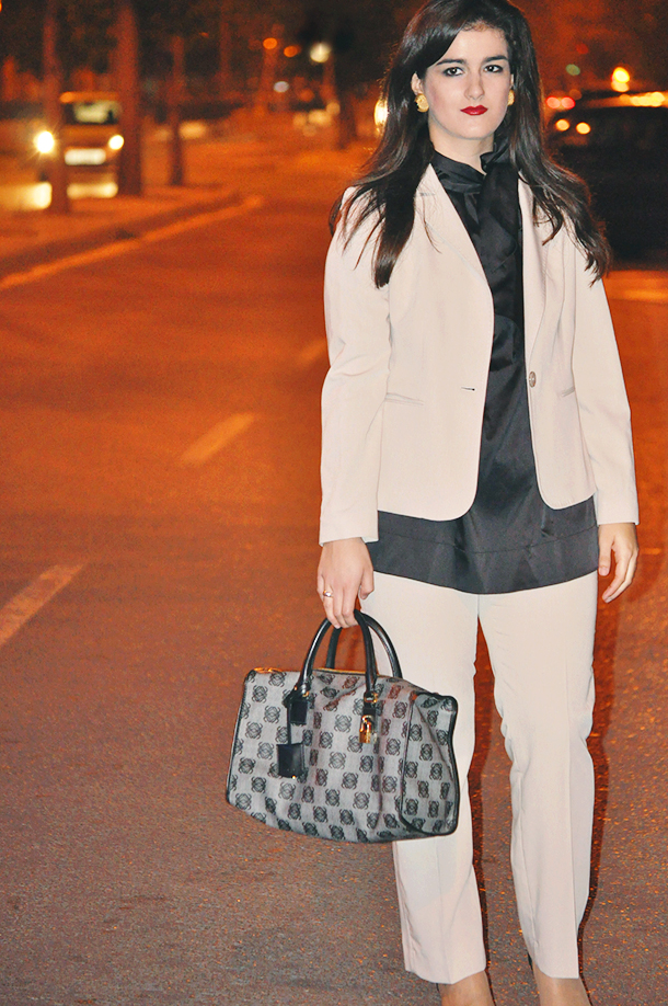 something fashion, loewe monogram bag fashion blogger, cream brown suit, vintage earrings, pointed 50's inspiration heels