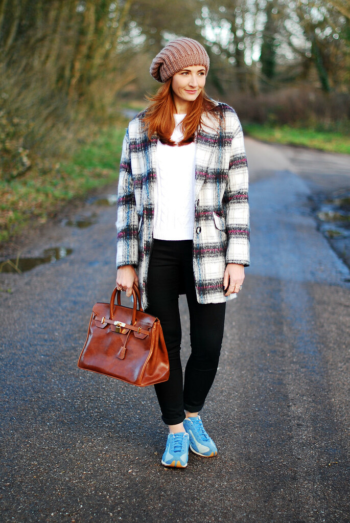 Checked coat & beanie with Diesel trainers & Birkin-style bag
