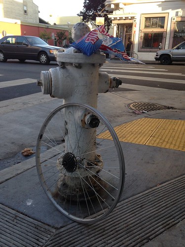 Fire hydrant, bicycle wheel, red vines