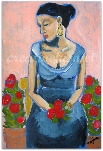 Woman Waiting with Flowers ~ art by Regina Lord