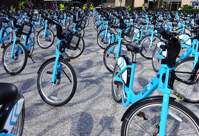 Lots of Divvy bikes lined up on Daley Plaza on the eve of the launch of Divvy Chicago