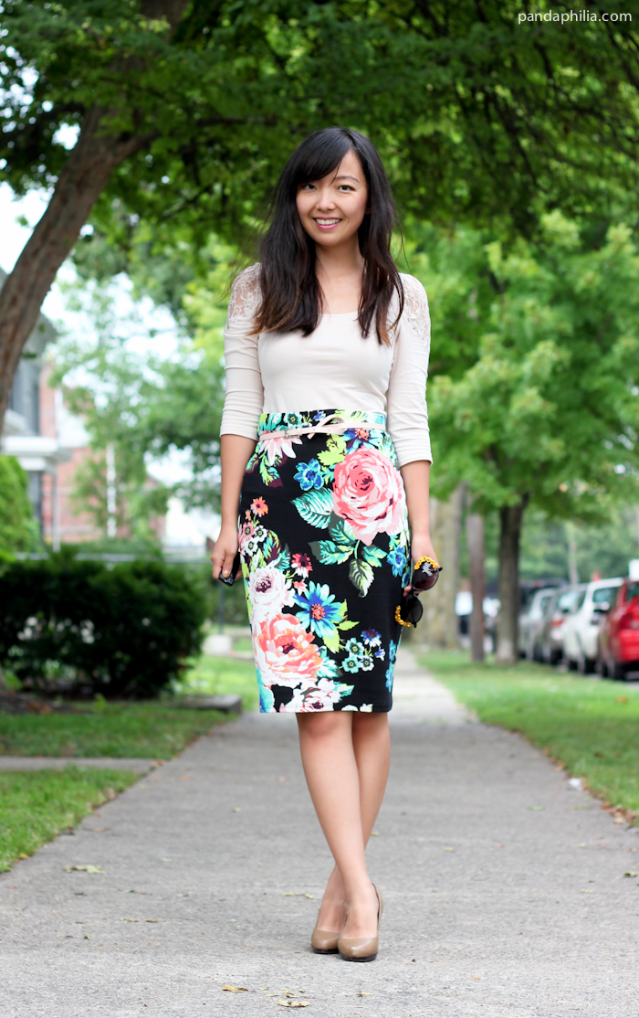 floral sleeve top + neon floral pencil skirt