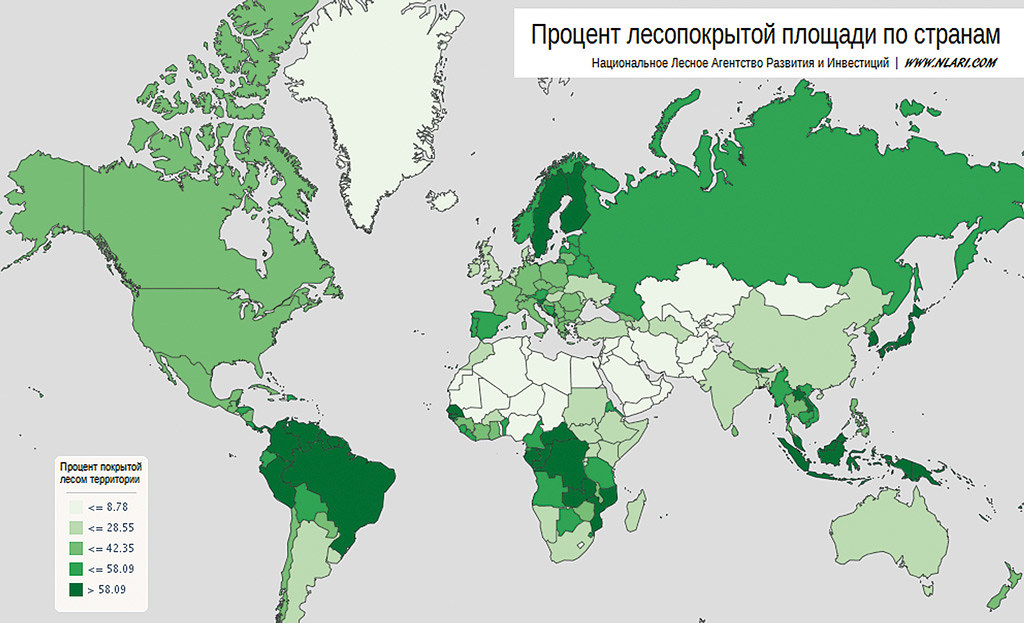 Процент лесопокрытой площади по странам