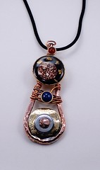 pendant Copper, brass, epoxy,pigment,gold flakes, galvanized steel, brown dotted shell, Lapis lazuli10mm, Carnelian7mm