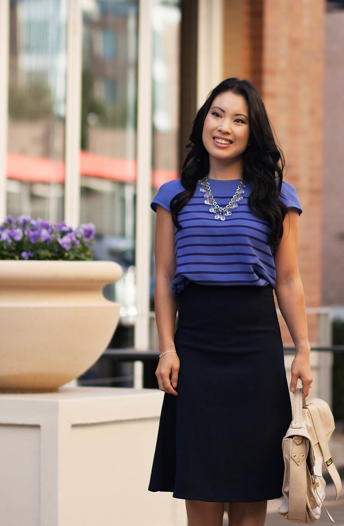 cute & little blog | monochromatic blues | striped shirt, navy midi skirt outfit
