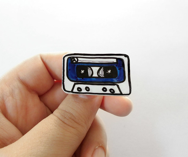 blue music cassette brooch