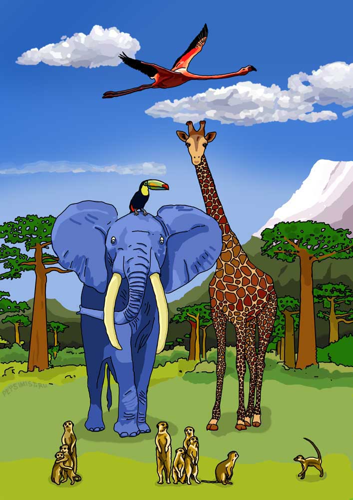 Слон, жираф и марабу