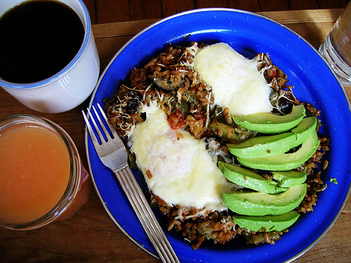 parmesan baked eggs in extra dirty eggplant rice with avocado, water, coffee, and grapefruit juice