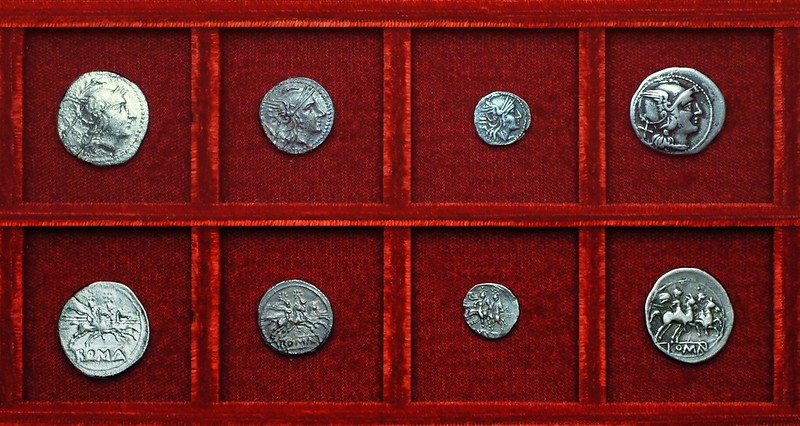 RRC 045 incuse-legend anonymous denarius, quinarius, sestertius, RRC 46 denarius Ahala collection, coins of the Roman Republic