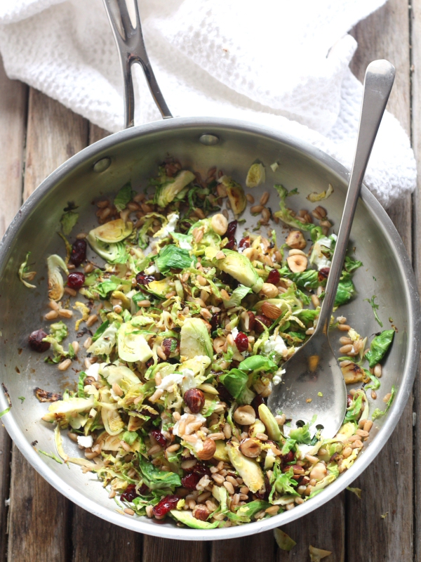 Brussels Sprouts and Farro Salad with Hazelnuts and Goat Cheese