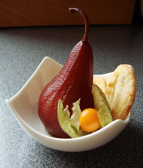 Mulled Wine Poached Pear with Palmier