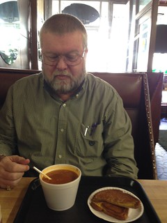 Tommy with Soup and Grilled Cheese at Harold's