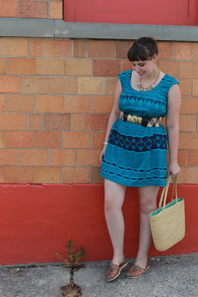 Pattern outfit: Target teal pattern dress with lattice back, rainbow-leather huaraches, patterned belt, straw bag