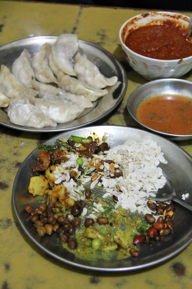 Newari food, and a plate of chicken momos as well
