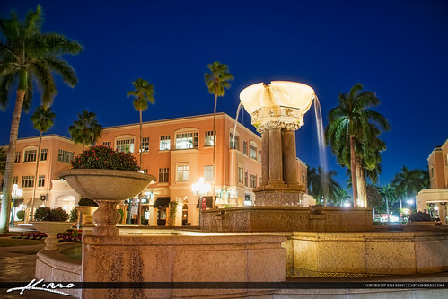 Mizner Park Water Fountain at Night Boca Raton City Downtown by Captain Kimo