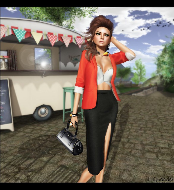The Secret Store - Structured Blazer - Coral - ISON - slit pencil skirt and Baiastice_Kasia studded top-white - Close