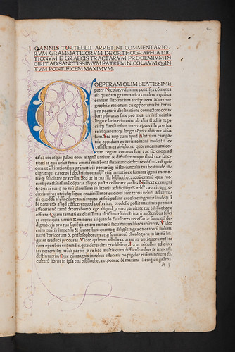 Title incipit and illuminated initial in Tortellius, Johannes: Orthographia