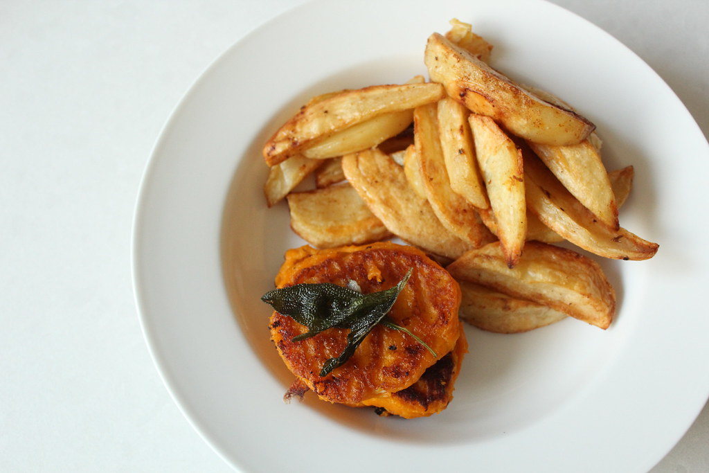 Sweet potato fritters and homemade chips