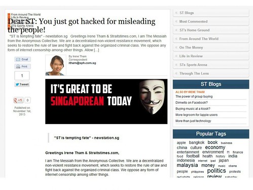 Straits Times Hacked by Anonymous