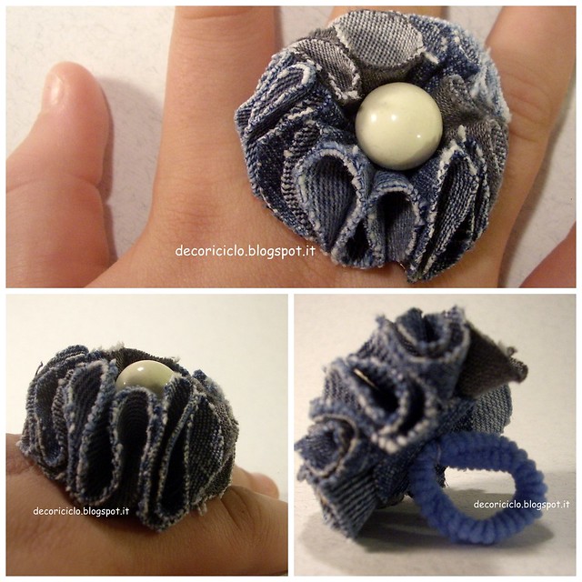 Collage anello petali di jeans e bottone perla